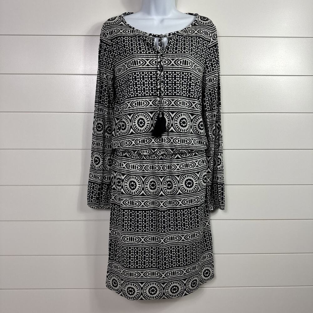 Tommy Bahama Stretch Knee Length Dress Black White Geometric Ikat Print sz S